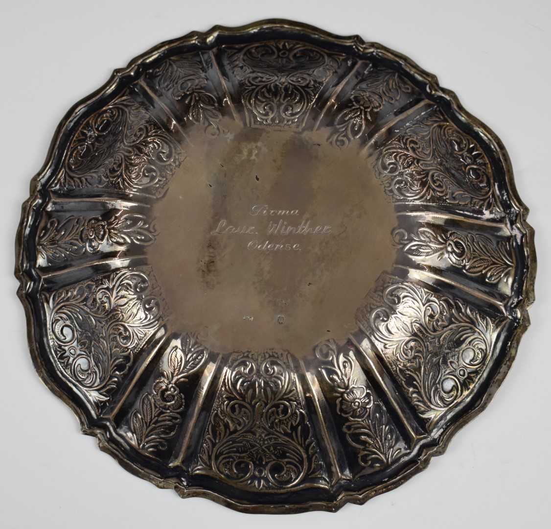 Danish silver dish or bowl with lobed and embossed floral decoration, with Danish silver three tower - Image 3 of 5