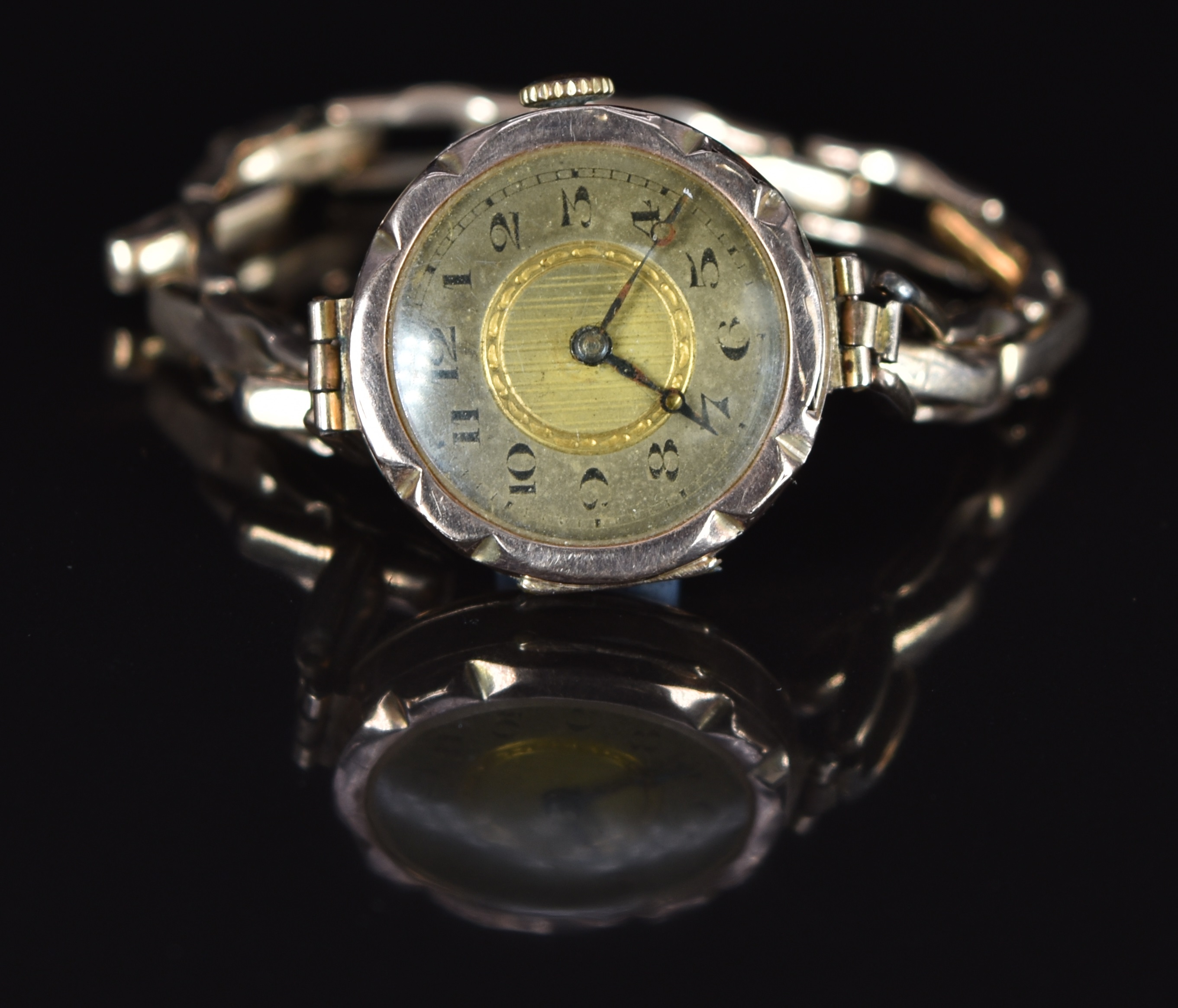 Unnamed 9ct gold ladies wristwatch with blued Breguet hands, black Arabic numerals, silver and