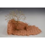 Patrick Drinkwater (Trowbridge artist) gold plated model of a tree on a pottery ruined wall with