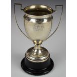 George V hallmarked silver twin handled trophy cup, Birmingham 1931, maker J A Wylie & Co, weight