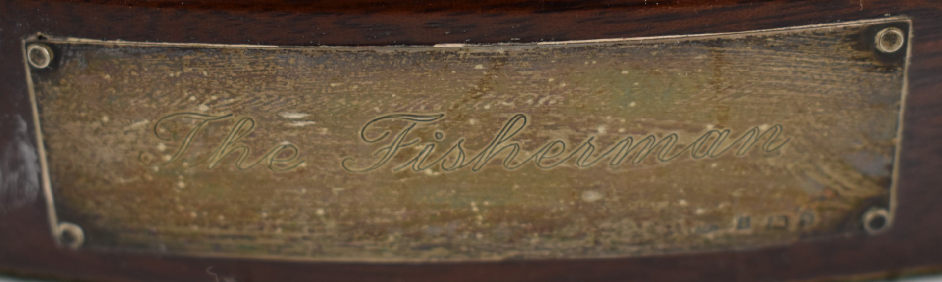 Hallmarked silver model of a fisherman mid stream, London 1981, maker Ammonite Ltd, on wooden - Image 2 of 6