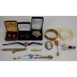 A 9ct gold watch and an Art Deco necklace, rings, brooches etc