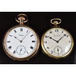 Two gold plated keyless winding open faced pocket watches, one Waltham with subsidiary seconds dial,