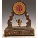 19thC Brevette boulle work drum cased mantel clock with gilt swinging cherub pendulum, for