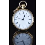 Unnamed 18ct gold keyless winding open faced pocket watch with blued hands, black Roman numerals,