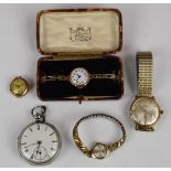 Five various watches comprising three ladies wristwatches, two 9ct gold, an Everite gold plated