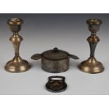 Pair of hallmarked silver candlesticks, height 14cm, Christofle bottle opener and an Indian white