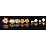 Three pairs of 9ct gold earrings comprising knot, pearl set and diamond set together with a single