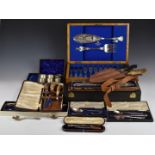 Cased cutlery and sets to include hallmarked silver mounted dressing table set in fitted case, width