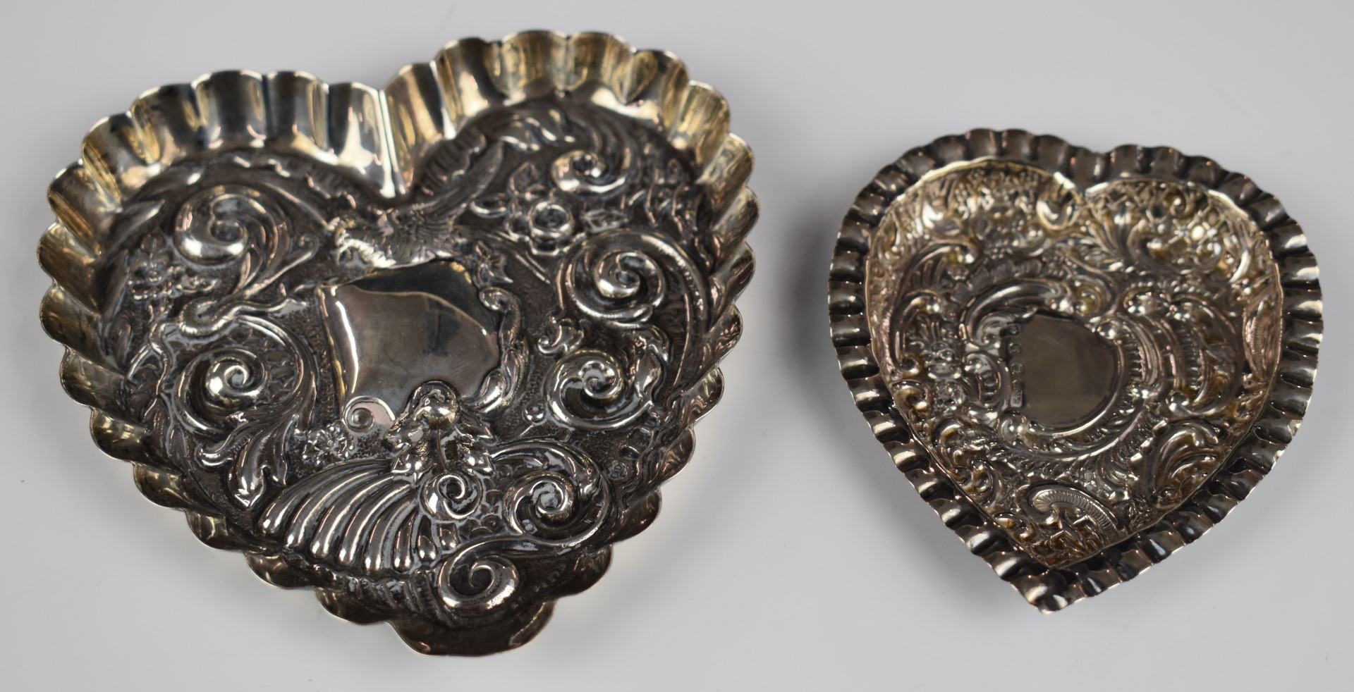 Victorian hallmarked silver heart shaped pin tray with embossed decoration, London 1894, maker