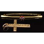 Victorian 9ct gold cross pendant with ivy decoration, Birmingham 1896, and a yellow metal brooch set