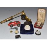 Cased Dunhill lighter, opera glasses, silver coin brooch, pocket watch, Schuco clockwork Micro Racer