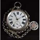 W H Taylor of Barnsley hallmarked silver open faced pocket watch with gold hands, black Roman