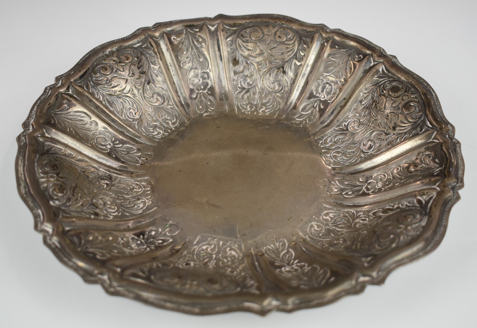 Danish silver dish or bowl with lobed and embossed floral decoration, with Danish silver three tower - Image 2 of 5