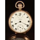 Waltham 9ct gold keyless winding open faced pocket watch with power reserve indicator, subsidiary