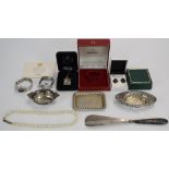 A collection of costume jewellery, two silver dishes, silver necklace, watches, Omega watch box,