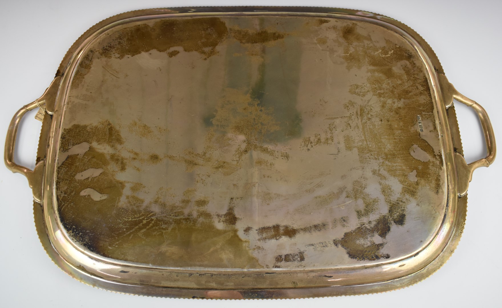 Large George V hallmarked silver twin handled tray with gadrooned edge, with St. James Hospital - Image 3 of 4