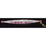 Victorian brooch of elongated boat shape set with diamonds and rubies, each end set with a further