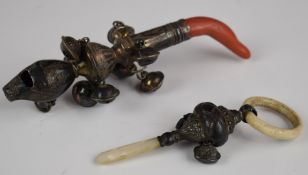 Georgian hallmarked silver coral handled baby's rattle with attached bells, London 1818, maker's
