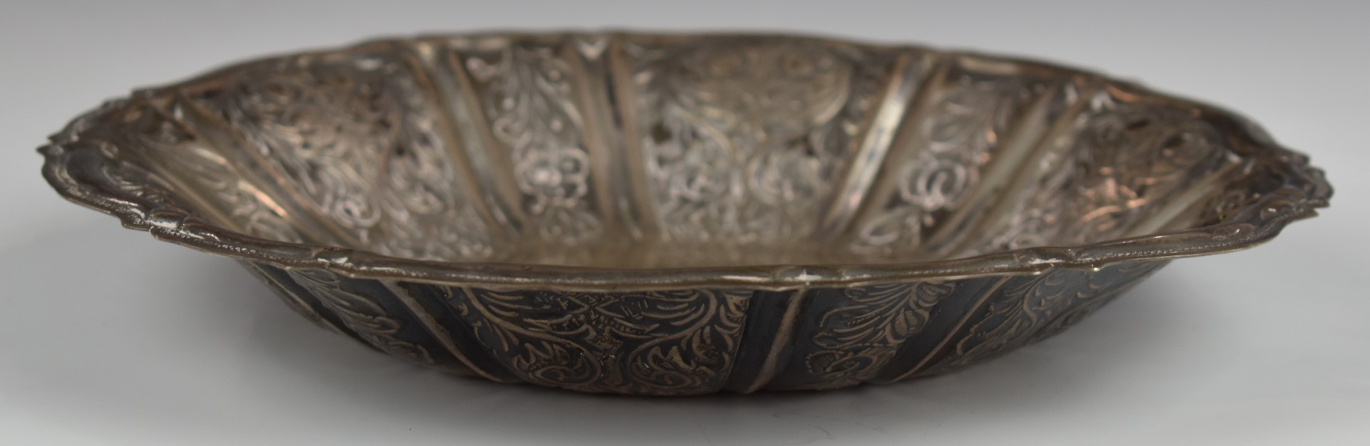 Danish silver dish or bowl with lobed and embossed floral decoration, with Danish silver three tower