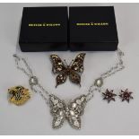 Four Butler and Wilson pieces comprising butterfly necklace, tiger brooch with enamel decoration,