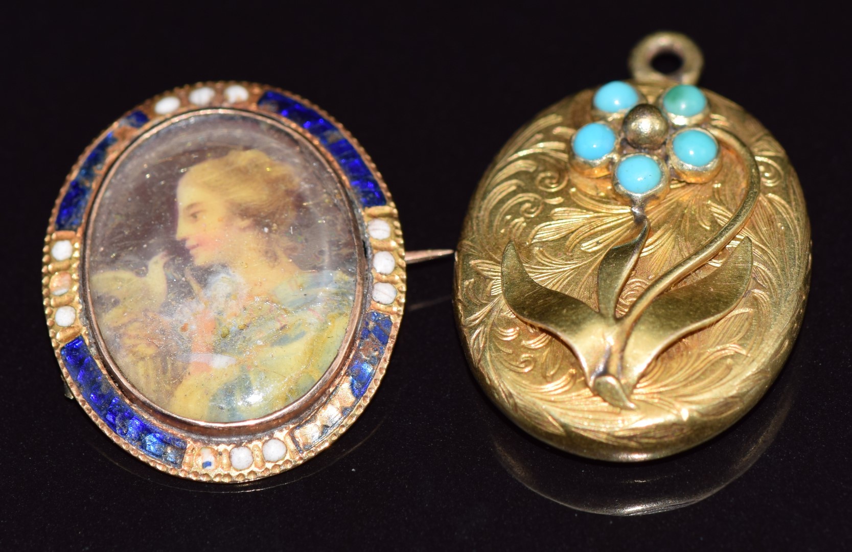 A yellow metal pendant/ locket set with turquoise cabochons and a Victorian brooch set with a