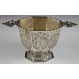 Dutch silver twin handled octagonal bowl with engraved decoration of figures and Dutch silver