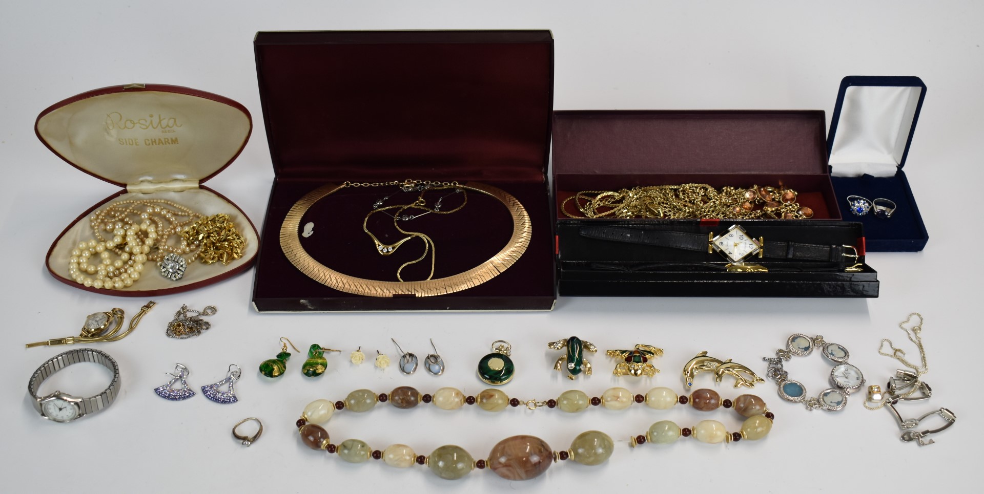 A collection of costume jewellery including watches, silver rings, chains etc