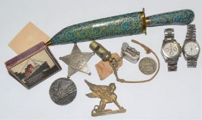 19thC whistle, RMS Lusitania bronze medal, French token, cigarette lighter, lacquered knife etc