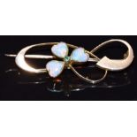 Edwardian 9ct gold brooch set with heart shaped opals and a demantoid garnet forming a clover/