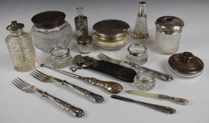 Hallmarked silver mounted items including dressing table pots, silver handled cutlery, perfume