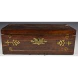 Brass inlaid rosewood writing slope with drawer to base, three small secret drawers to interior