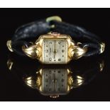 Suter Art Deco style 18ct gold ladies wristwatch with gold hands and hour markers, silver dial and