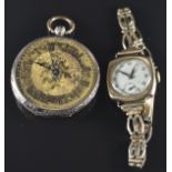 Two gold watches comprising a 14ct gold open faced pocket watch with blued hands, Roman numerals,