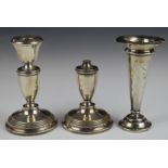 Hallmarked silver trumpet vase, height 14cm, hallmarked silver candlestick and a similar base