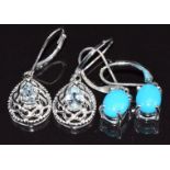 Two pairs of 9ct white gold earrings, one set with aquamarine and the other faux turquoise, 6.9g