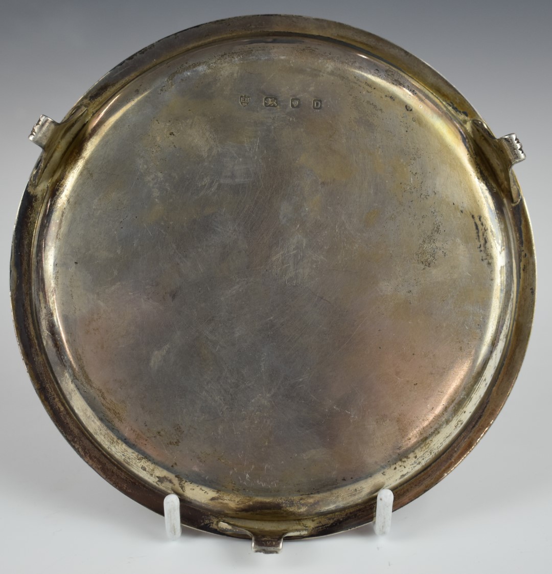 George VI hallmarked silver circular card tray, raised on three feet, London 1939, maker Edward - Image 2 of 3