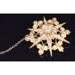 Edwardian 9ct gold brooch set with seed pearls in a stylised star and floral design, 6.4g