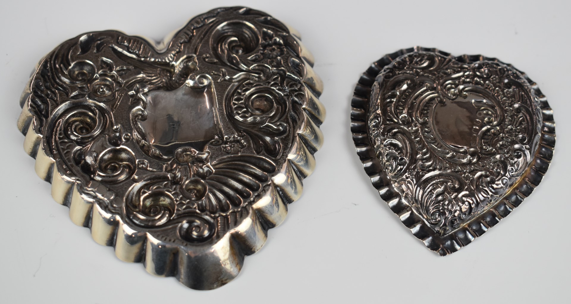 Victorian hallmarked silver heart shaped pin tray with embossed decoration, London 1894, maker - Image 2 of 4