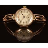 Art Deco 9ct gold ladies wristwatch with inset subsidiary seconds dial, blued hands, Arabic