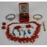 A collection of jewellery including coral, turquoise earrings, etc