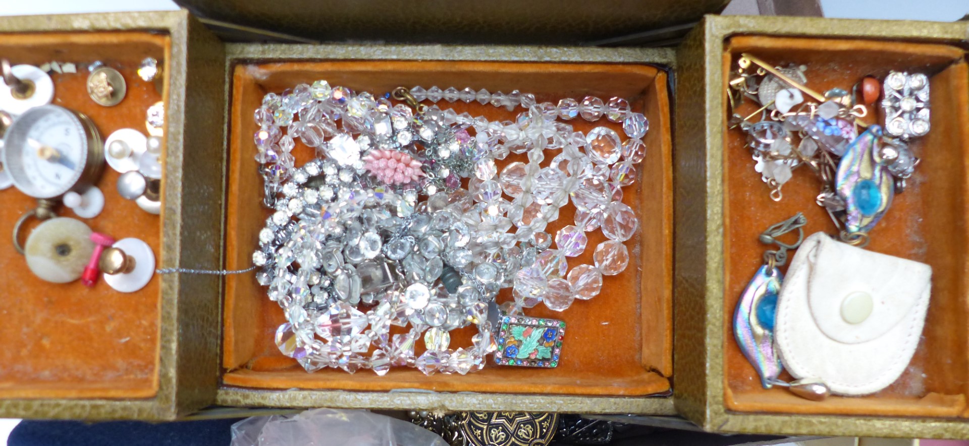 A collection of costume jewellery including vintage earrings, Omega watch box, Art Deco beaded - Image 4 of 8