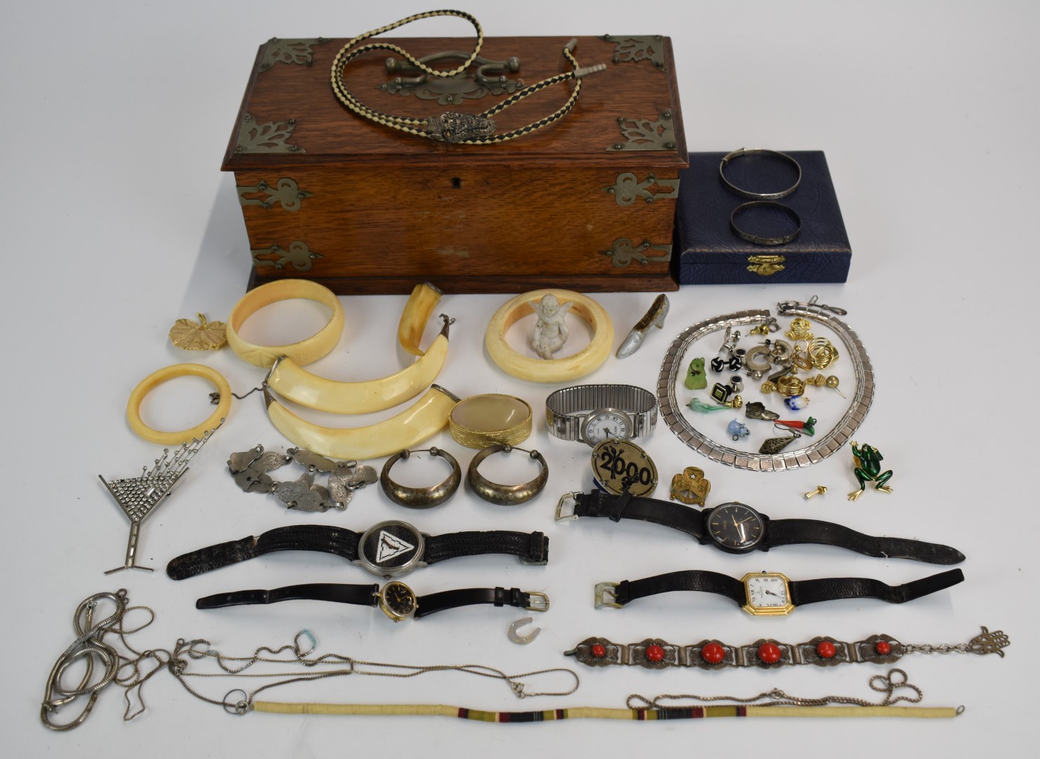 A collection of jewellery including late 19thC ivory bangles, Butler & Wilson brooch, watches etc,