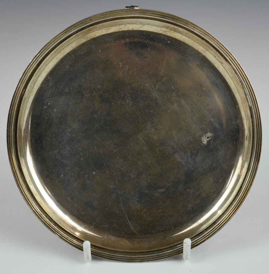 George VI hallmarked silver circular card tray, raised on three feet, London 1939, maker Edward