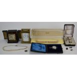 A collection of jewellery including silver fob watch, faux pearls, clocks etc