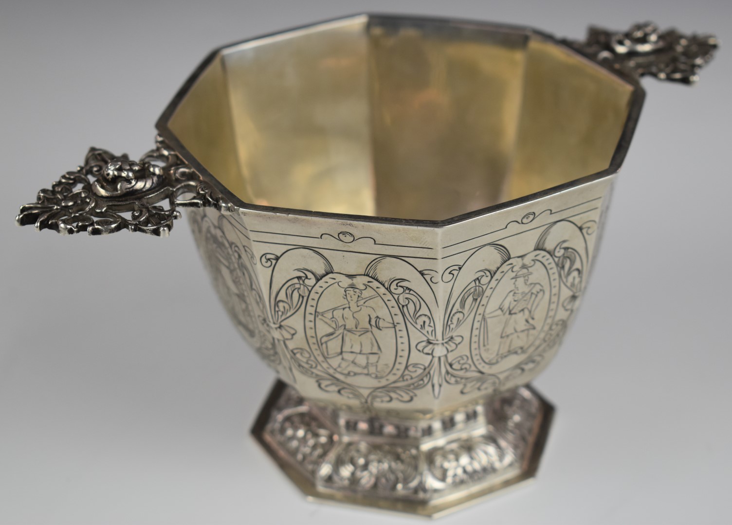 Dutch silver twin handled octagonal bowl with engraved decoration of figures and Dutch silver - Image 2 of 4