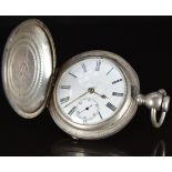 Coin silver full hunter pocket watch with subsidiary seconds dial, gold hands, black Roman numerals,
