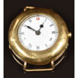 Unnamed 18ct gold wristwatch with blued hands, black Roman numerals, white enamel dial and