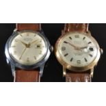 Two gentleman's mechanical wristwatches comprising Junghans Trialastic with date aperture, gold