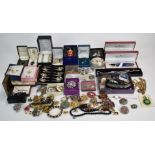 A collection of costume jewellery together with silver spoons, paste brooch, silver cross pendant,